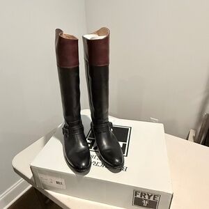 FRYE Lindsay Spur, plate black/brown  leather tall riding boots size 8